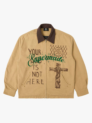 Supermade Slogan Print Color-Blocked Embroidered Retro Canvas Jacket 