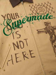 Supermade Slogan Print Color-Blocked Embroidered Retro Canvas Jacket 
