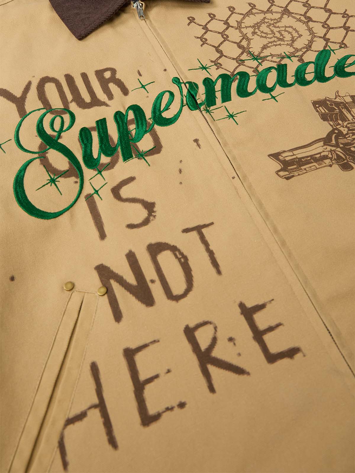 Supermade Slogan Print Color-Blocked Embroidered Retro Canvas Jacket 