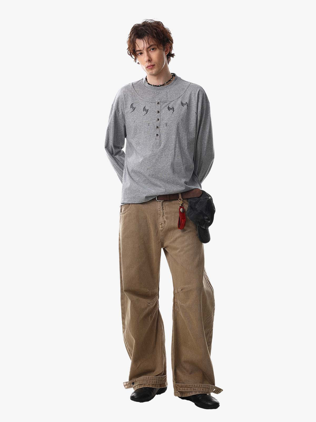 Layered Neck Button Detail Long Sleeve T-Shirt