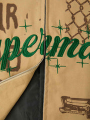Supermade Slogan Print Color-Blocked Embroidered Retro Canvas Jacket 