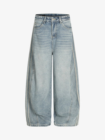 Retro Washed Side Striped Barrel Denim Jeans 