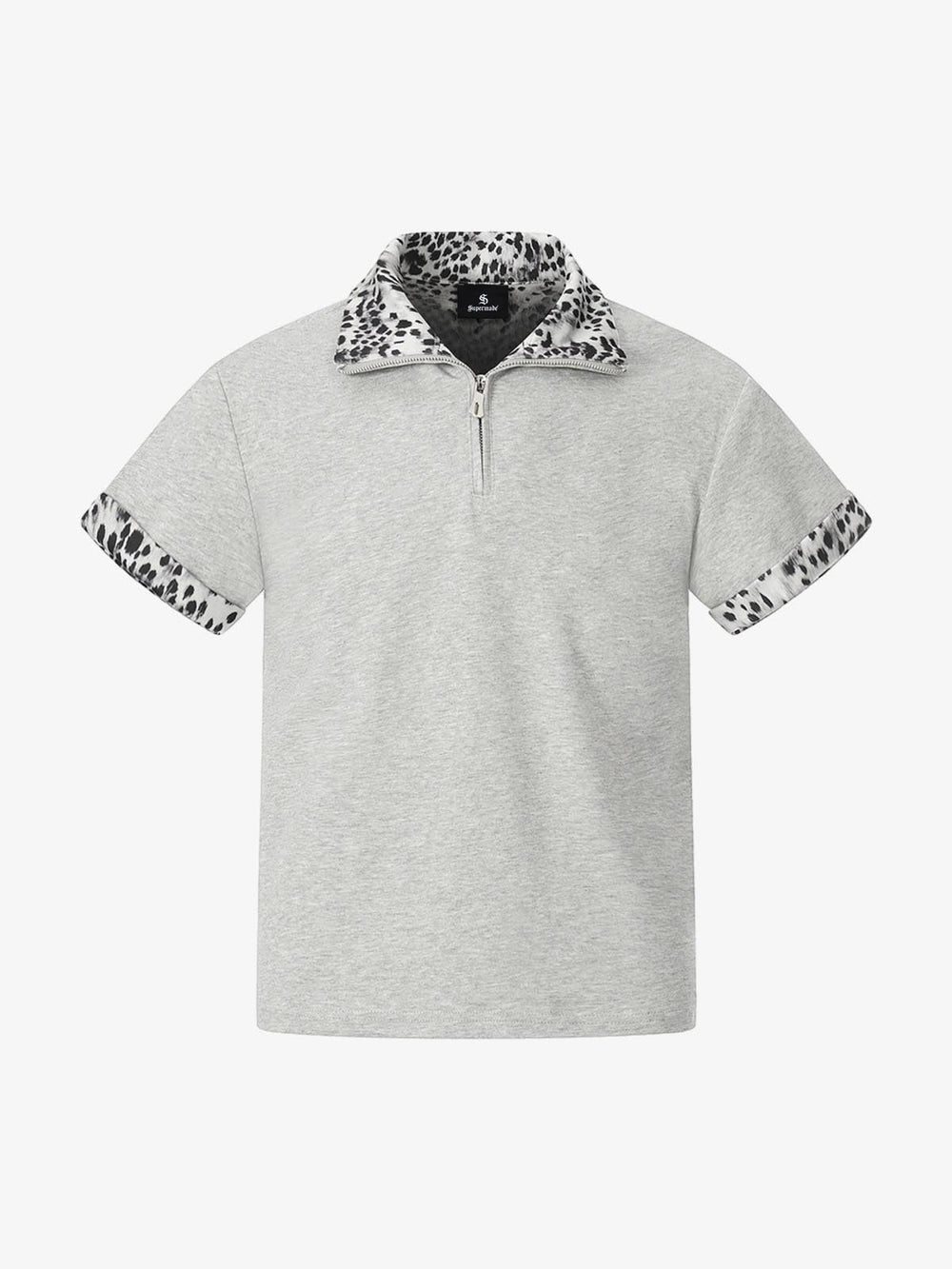 Leopard Trim Half Zip Polo T-Shirt 