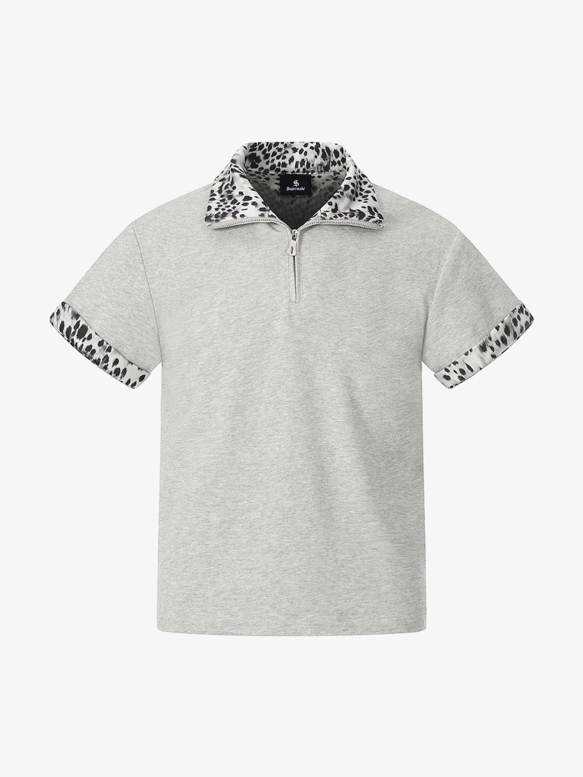 Leopard Trim Half Zip Polo T-Shirt 