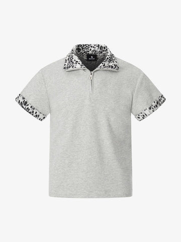 Leopard Trim Half Zip Polo T-Shirt 