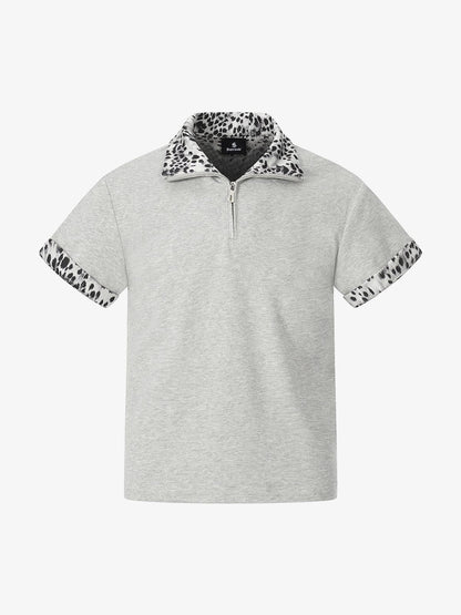 Leopard Trim Half Zip Polo T-Shirt 