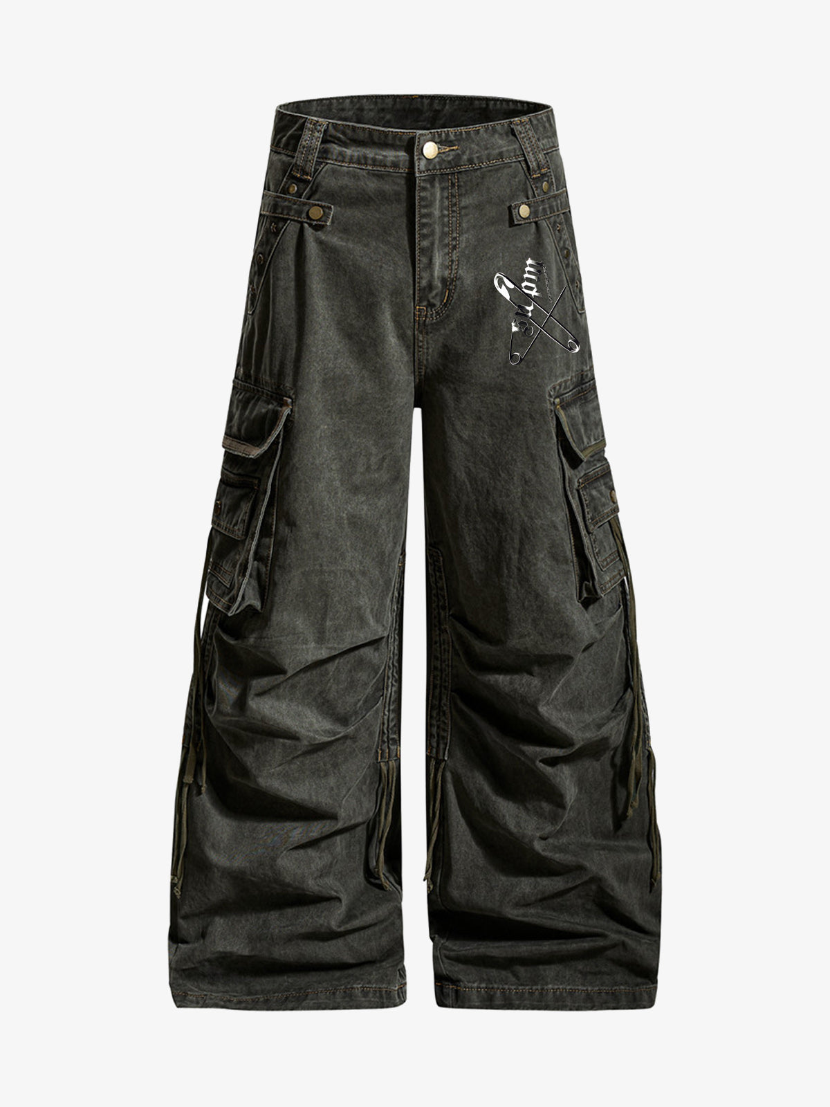 Retro punk style multi-pocket wide-leg cargo pants with rivet pleats and logo print design. 