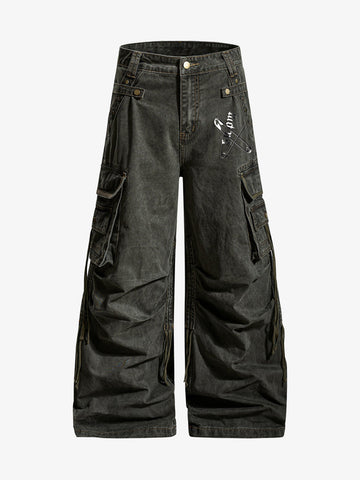 Retro punk style multi-pocket wide-leg cargo pants with rivet pleats and logo print design. 