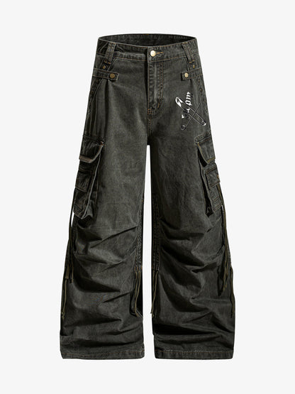 Retro punk style multi-pocket wide-leg cargo pants with rivet pleats and logo print design. 