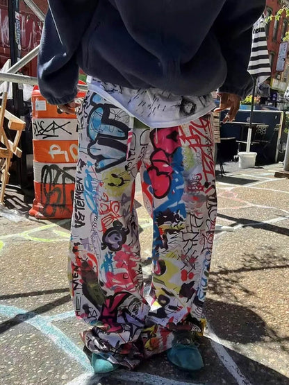 Graffiti Print Wide-Leg Pants for Urban Street Style 