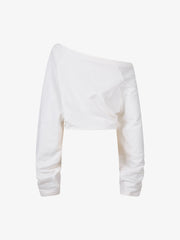 Off-Shoulder Raw Edge Cropped Long Sleeve Tee