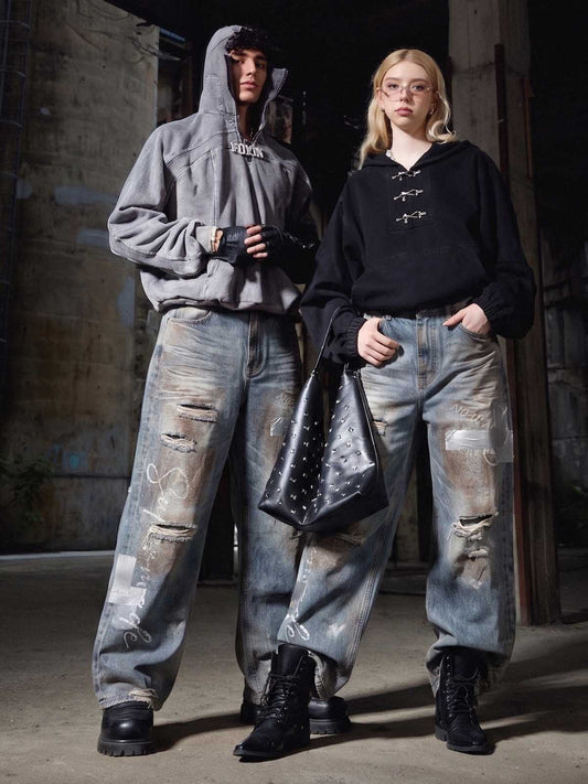 Foil-Tape Distressed Ripped Heavyweight Jeans