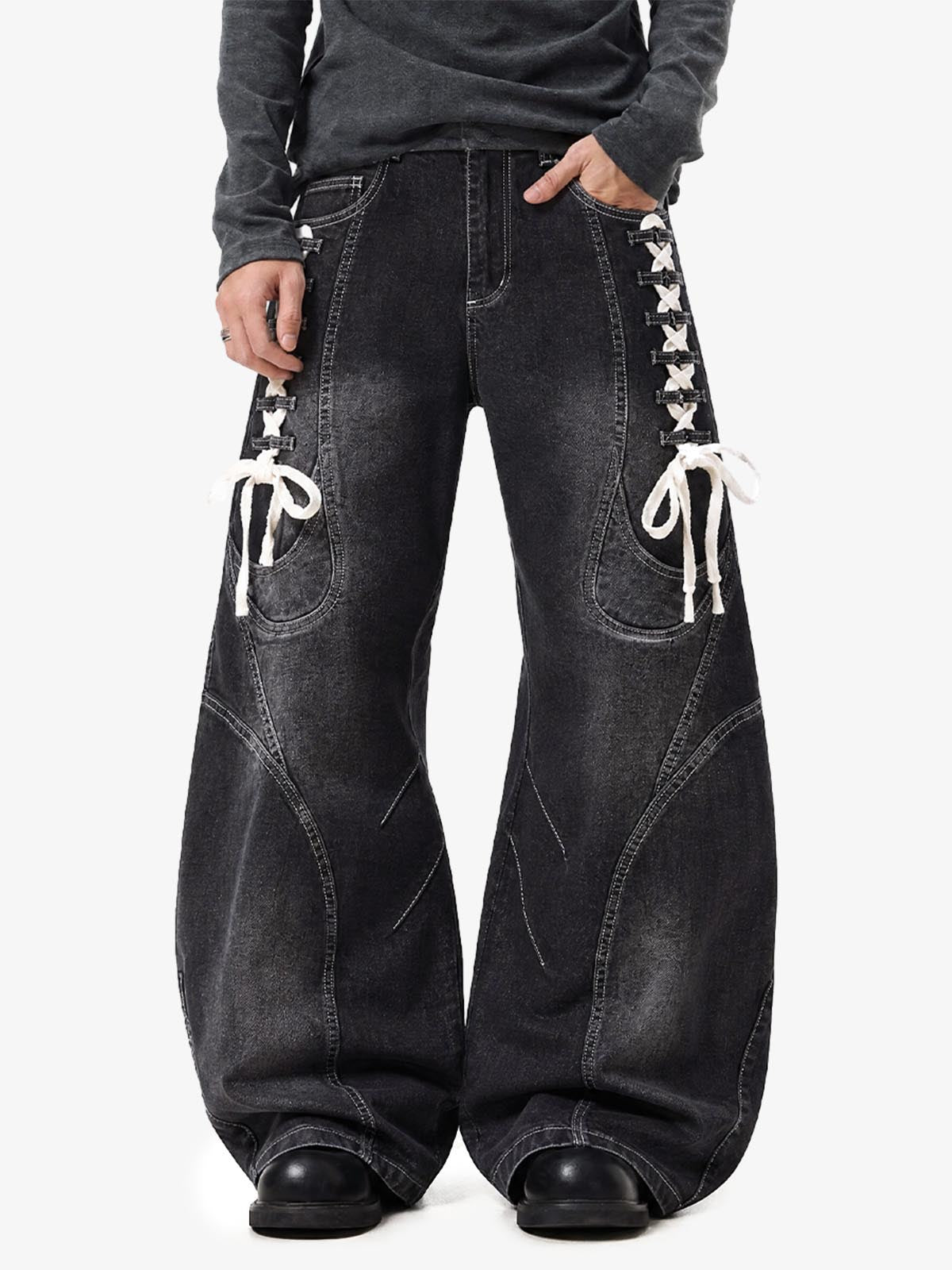 Lace-Up Denim Jeans; Black / S, Black / M, Black / L, Black / XL, Black / 2XL