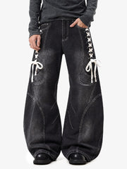 Lace-Up Denim Jeans; Black / S, Black / M, Black / L, Black / XL, Black / 2XL