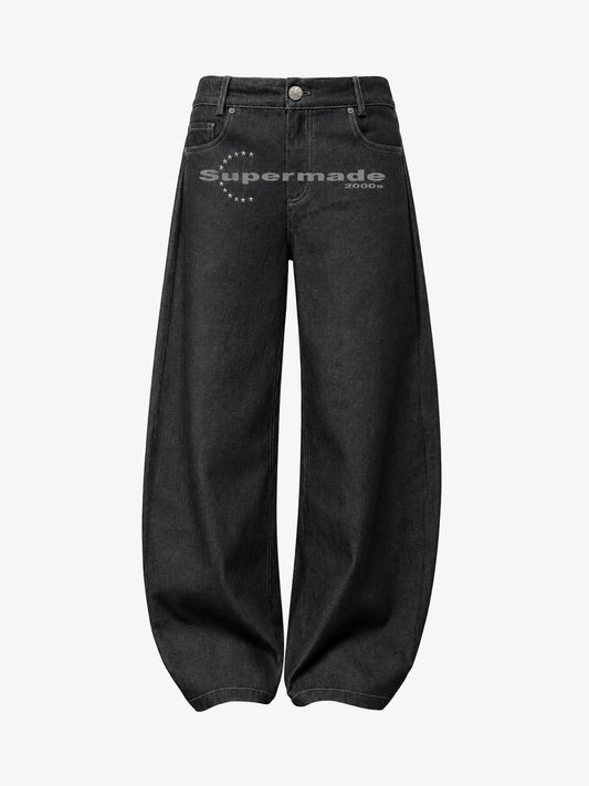 Black Curved Blade Jeans with Star Rivets 