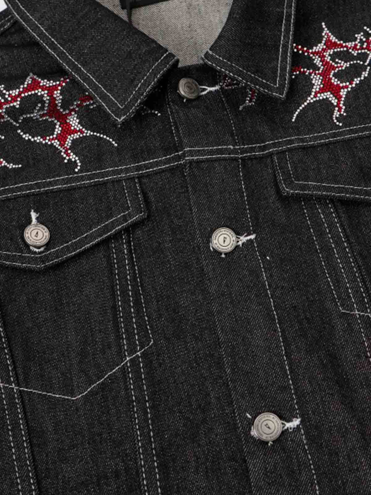 Black Denim Jacket with Red Embroidered Design for Men 