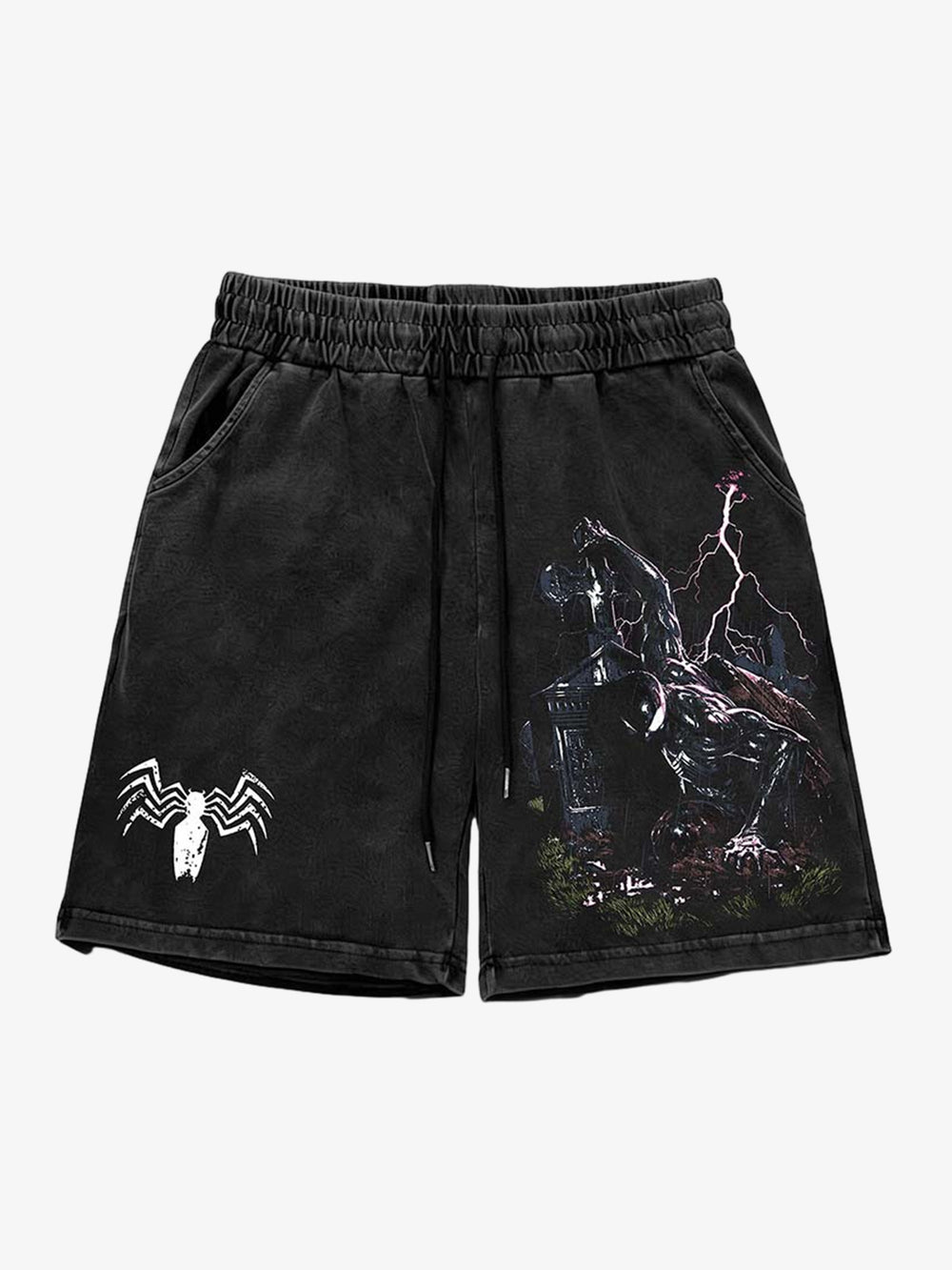 Washed Distressed Spider Print Shorts