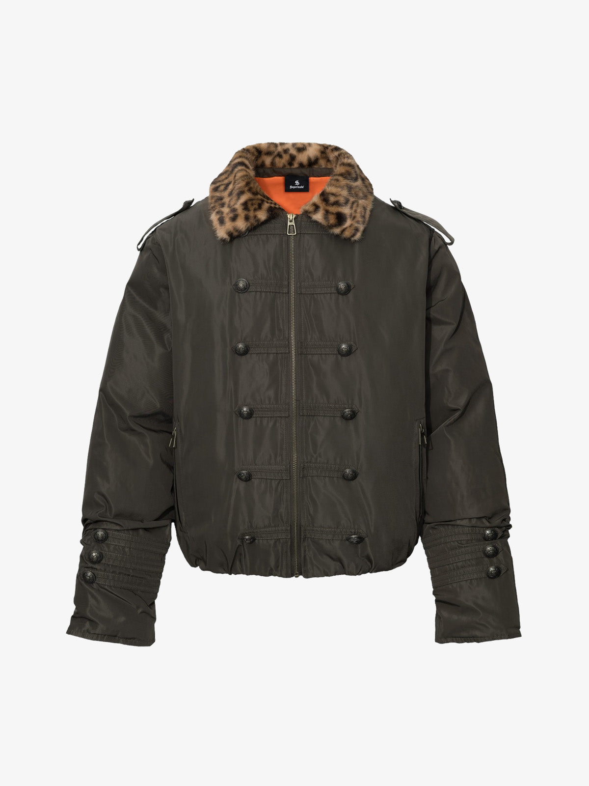 Leopard Faux-Fur Collar Button-Front Padded Coat