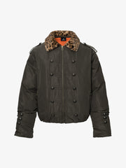 Leopard Faux-Fur Collar Button-Front Padded Coat