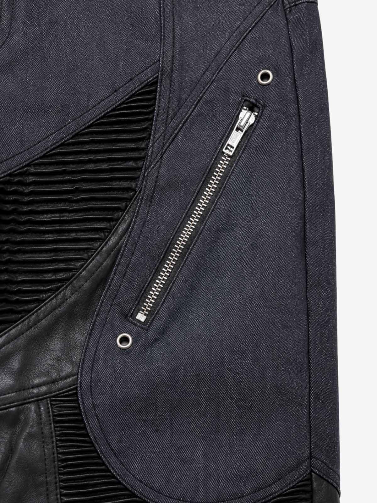 Leather-Paneled Moto Zip Straight-Leg Jeans
