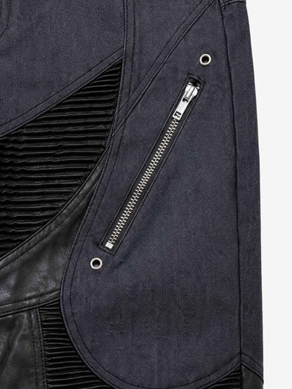 Leather-Paneled Moto Zip Straight-Leg Jeans