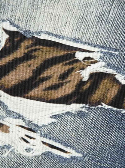 Denim Wide Leg Jeans with Tiger Print Patchwork and Ripped Details 