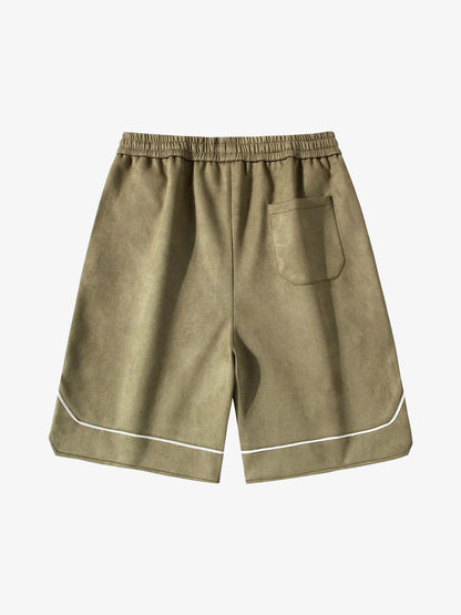 Retro Letter-Stamped Suede Drawstring Shorts 