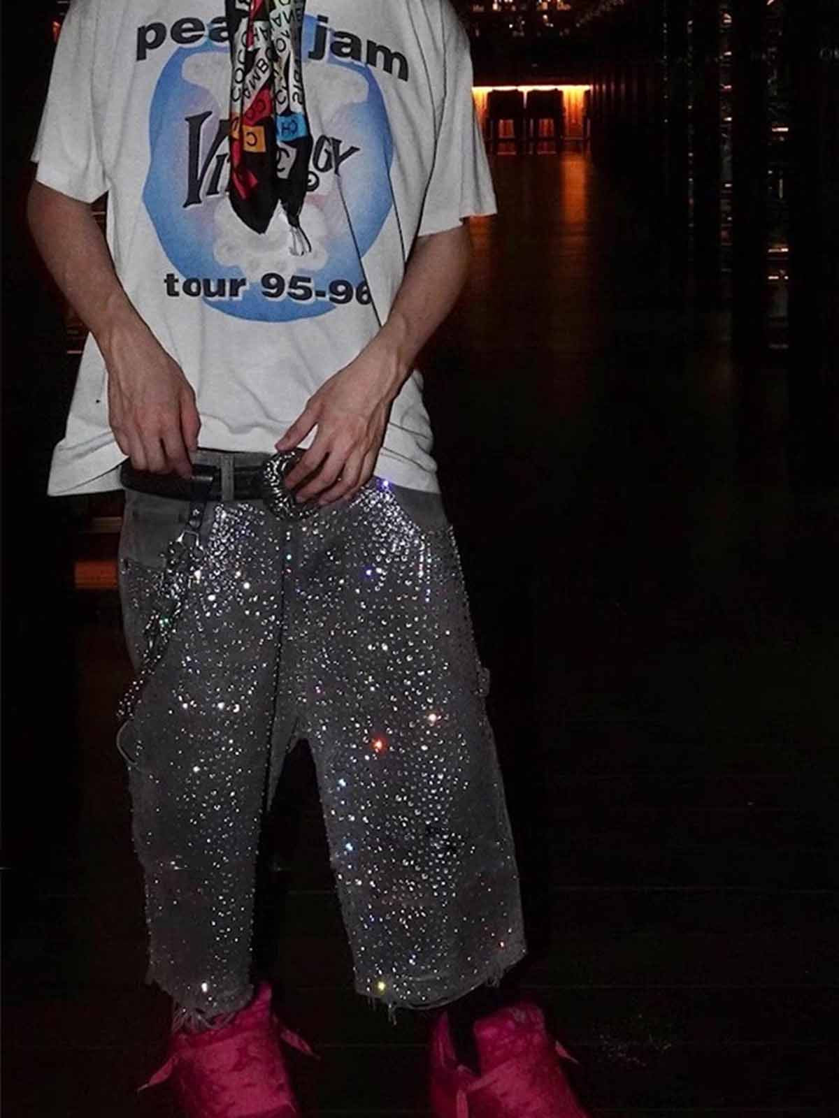 Studded Denim Cargo Shorts for Men with Rhinestone Embellishment, Fashionable Streetwear Style, Distressed Hem Design 