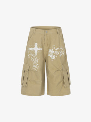 Gothic Cross Graphic Cargo Shorts 