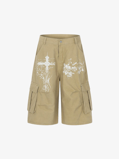 Gothic Cross Graphic Cargo Shorts 