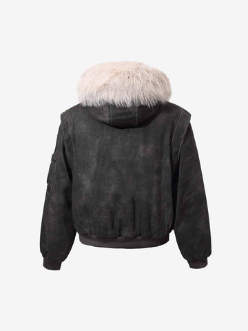 Washed Patchwork Contrast Bomber Jacket 