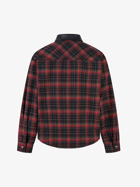 Plaid Flannel Shirt with Leather-Trimmed Collar - Perfect for Casual and Outdoor Styles 