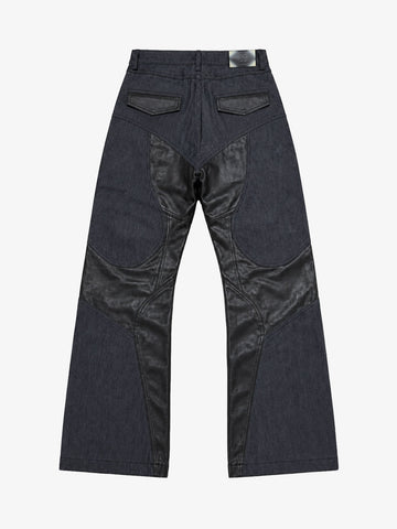 Leather-Paneled Moto Zip Straight-Leg Jeans