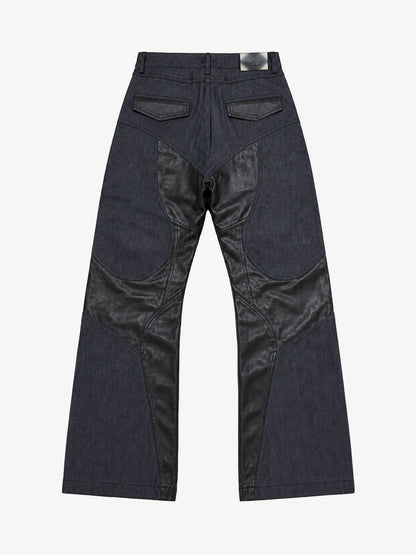 Leather-Paneled Moto Zip Straight-Leg Jeans