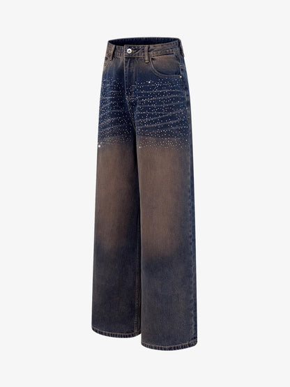 Gradient Wash Wide-Leg Jeans with Rhinestone Accents 