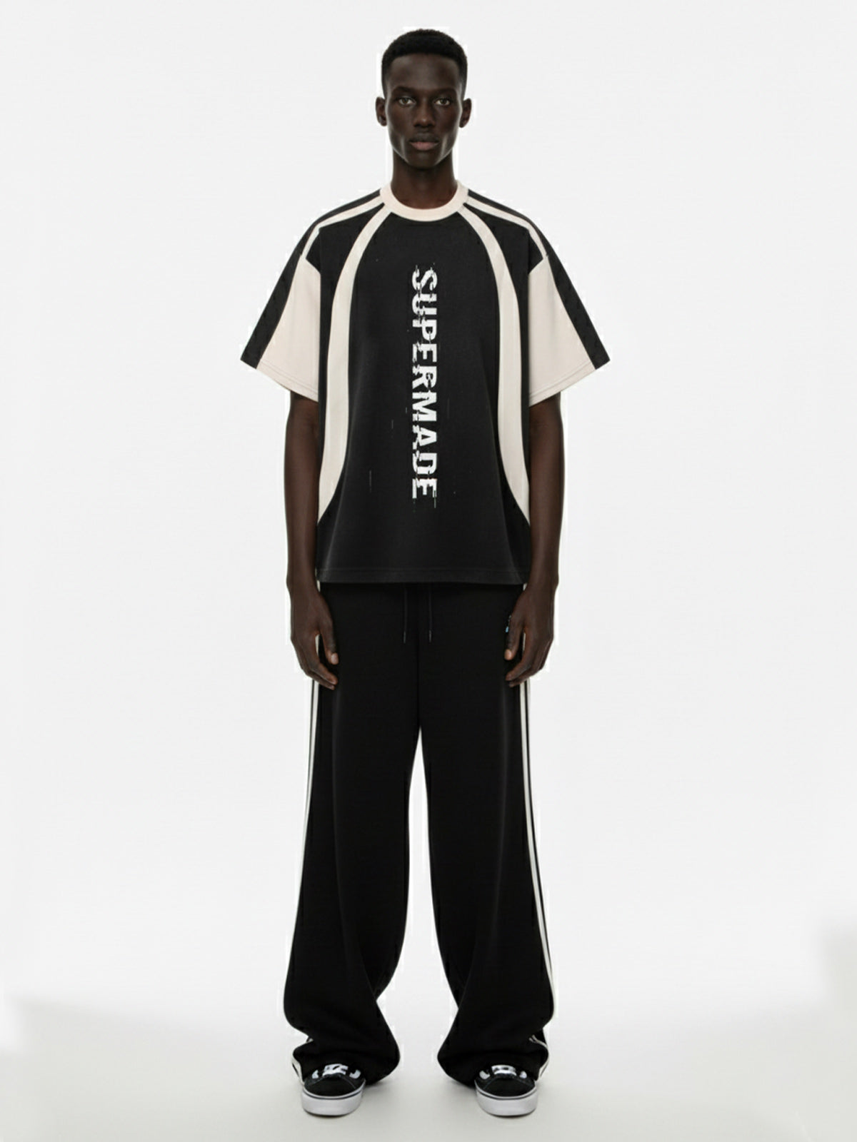Thesupermade Vertical Glitch Art Deconstruction Contrast Color Stitching Print T-shirt 