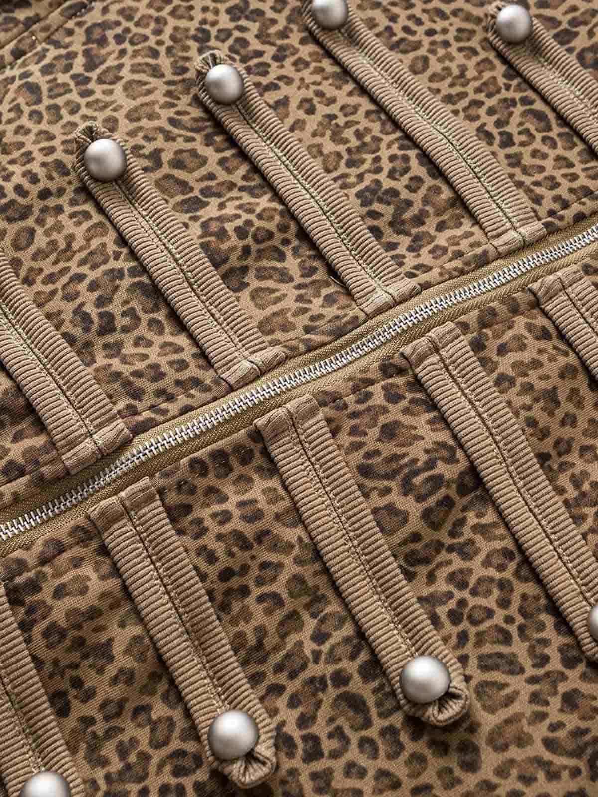 Leopard Napoleon Military Faux Fur Collar Coat