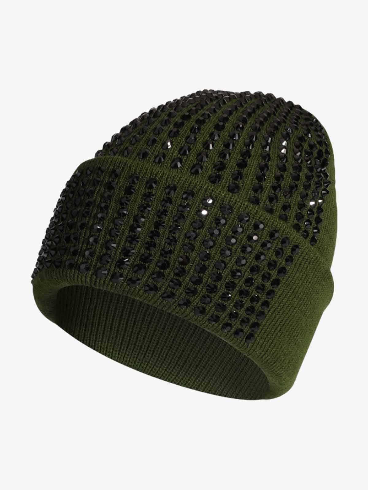 Rhinestone Embellished Ribbed Knit Beanie Hat 