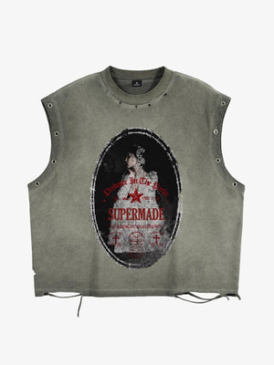 Man in the Mirror Graphic Studded Distressed Vest