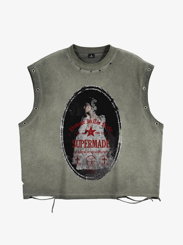 Man in the Mirror Graphic Studded Distressed Vest