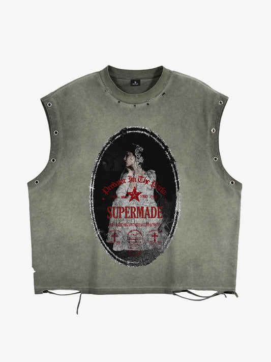 Man in the Mirror Graphic Studded Distressed Vest