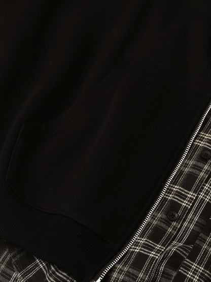 Faux Two-Piece Plaid Fleece Hooded Jacket 