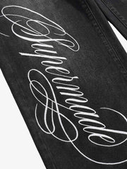 Script Letter Graphic Washed Jeans