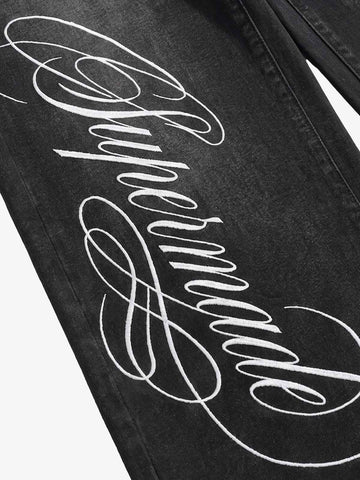 Script Letter Graphic Washed Jeans