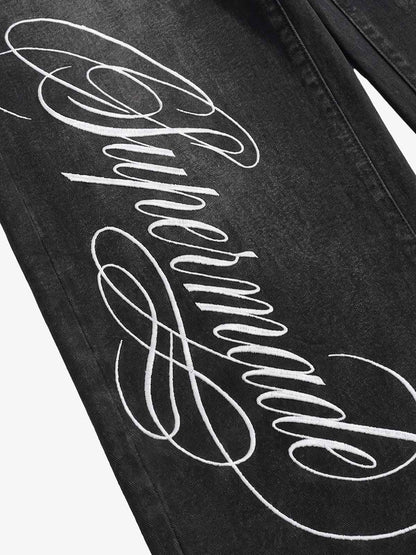 Script Letter Graphic Washed Jeans