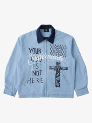 Supermade Slogan Print Color-Blocked Embroidered Retro Canvas Jacket 