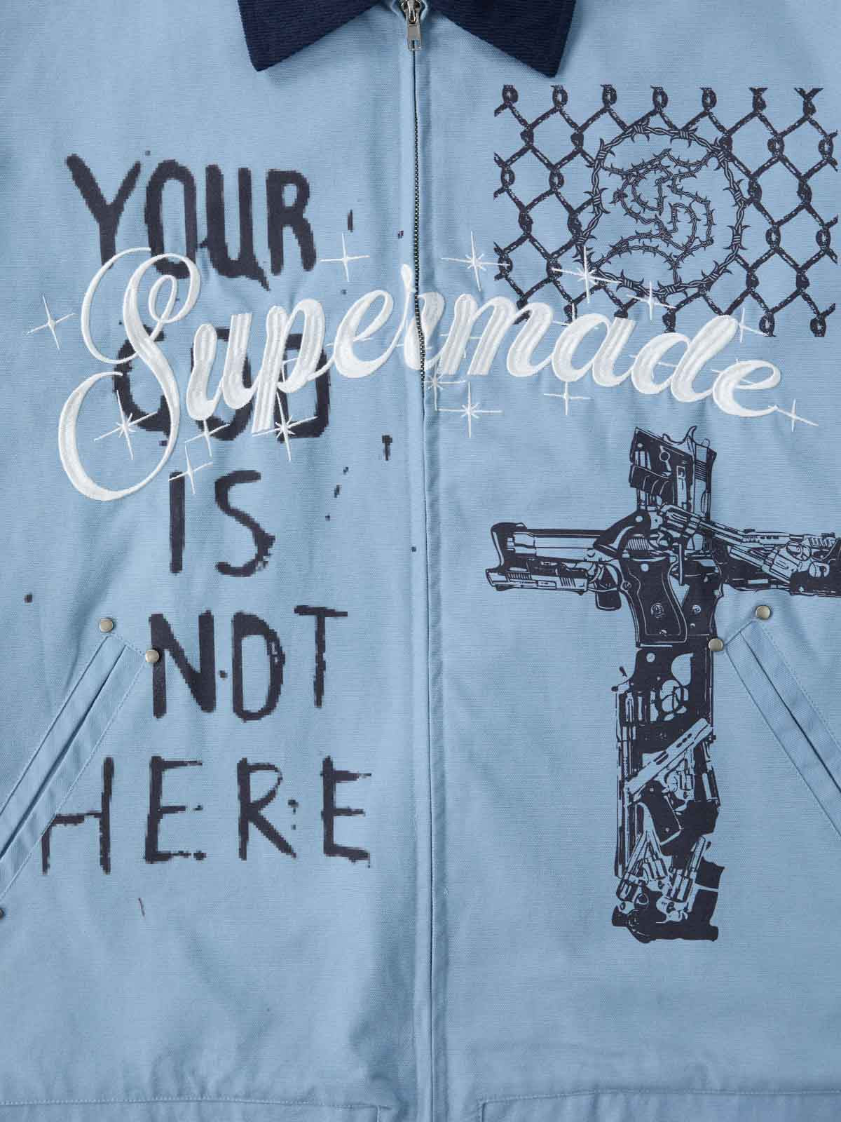 Supermade Slogan Print Color-Blocked Embroidered Retro Canvas Jacket 