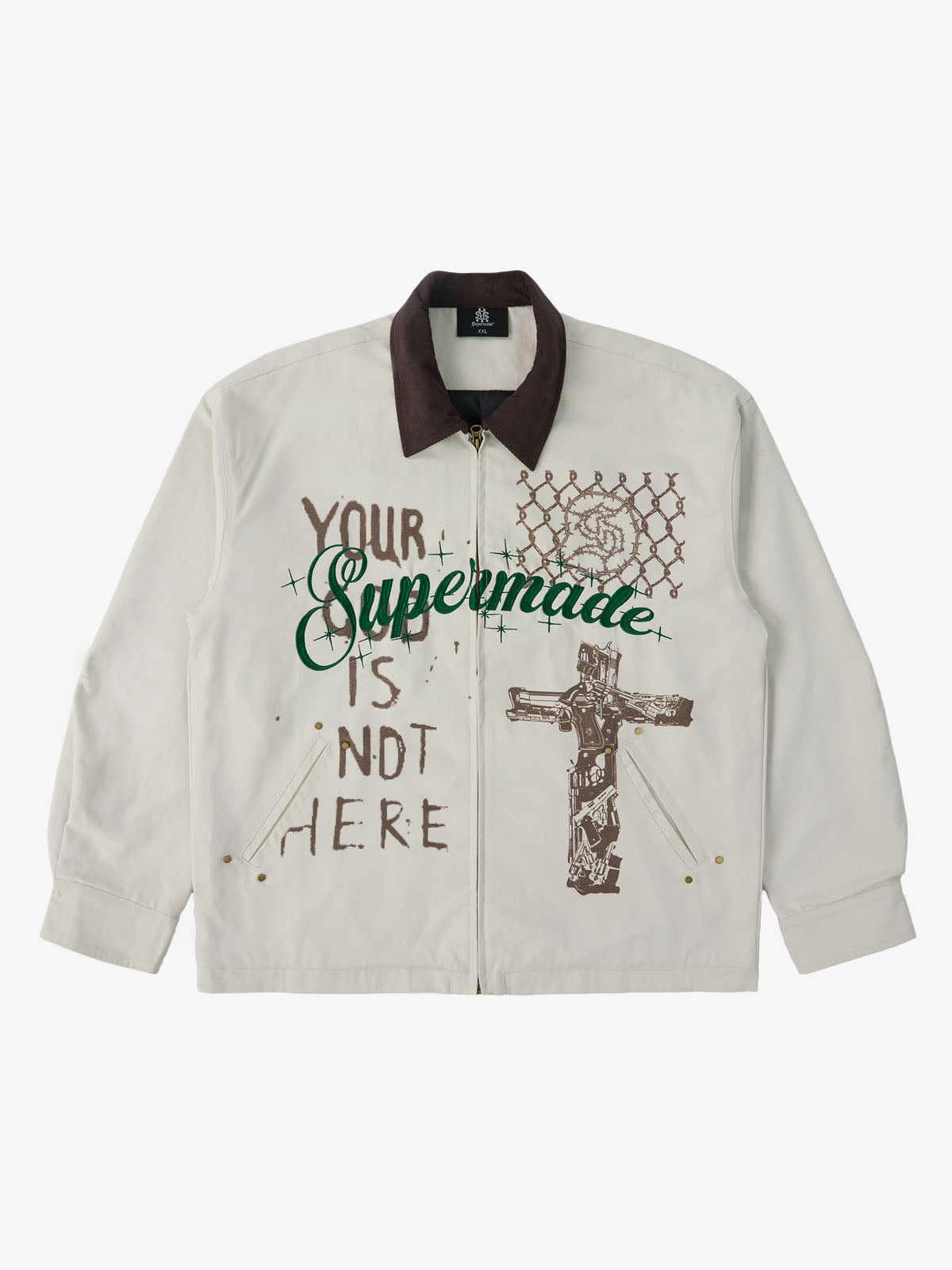 Supermade Slogan Print Color-Blocked Embroidered Retro Canvas Jacket 