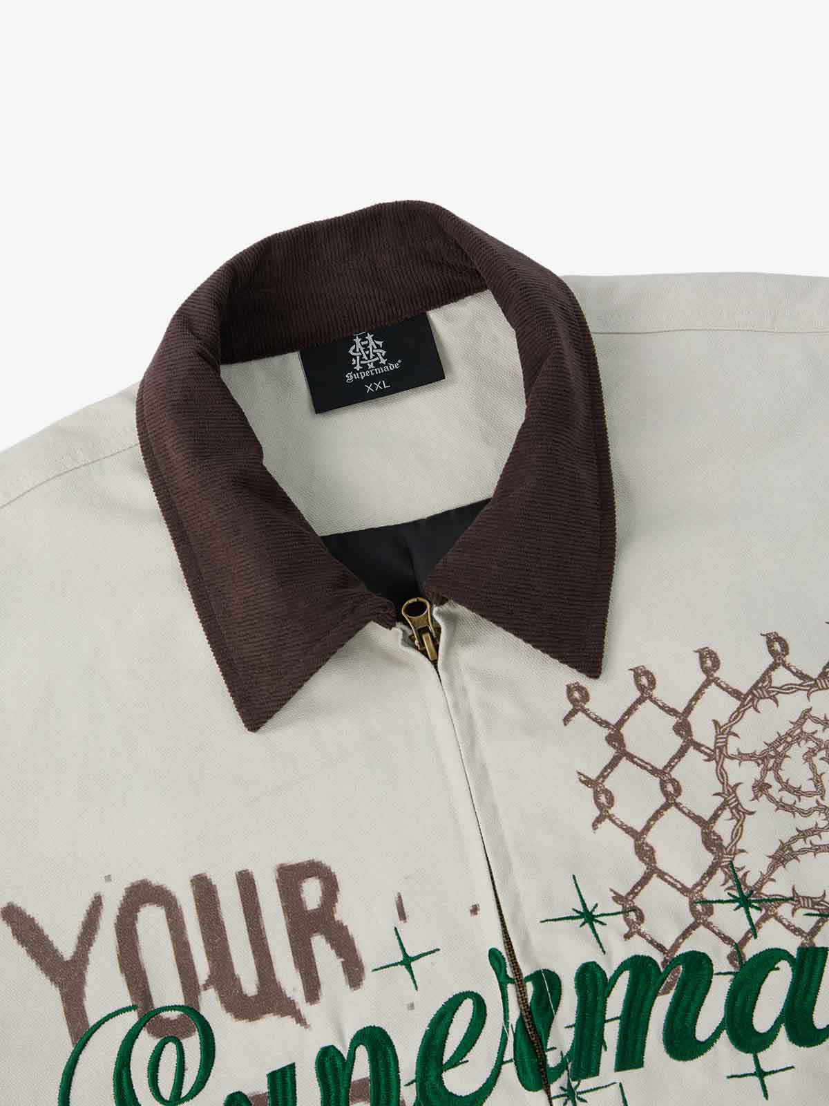 Supermade Slogan Print Color-Blocked Embroidered Retro Canvas Jacket 