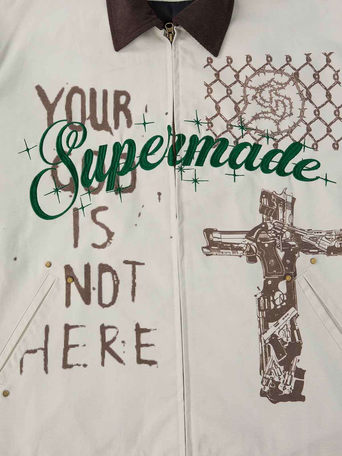 Supermade Slogan Print Color-Blocked Embroidered Retro Canvas Jacket 
